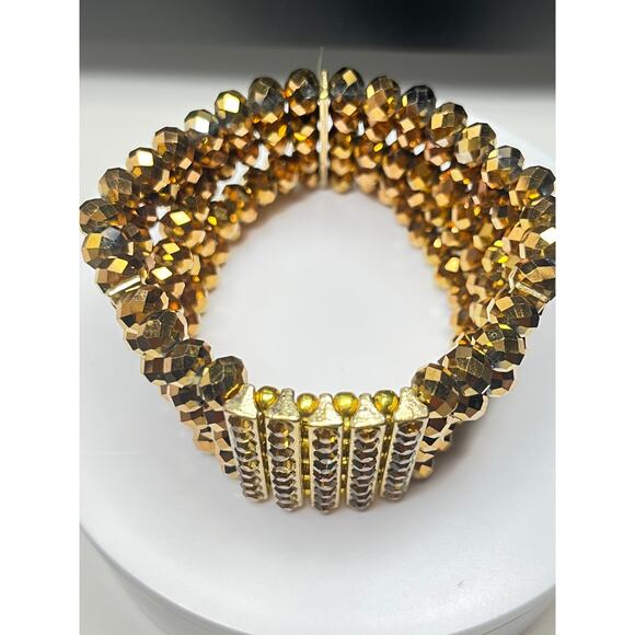 Vintage  Amber Facet Multi-Strand Beaded Stretch Bracelet- Rhinestone Bracelet - Picture 6 of 8